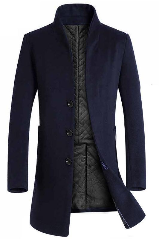 Men's navy wool coat with notch lapels, button front, and quilted inner lining