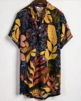 Men's slim printed shirt, dark base with yellow-orange tropical leaf print, short sleeves