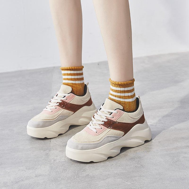 Women’s chunky lace-up sneakers in beige and pink with brown panels, thick white sole