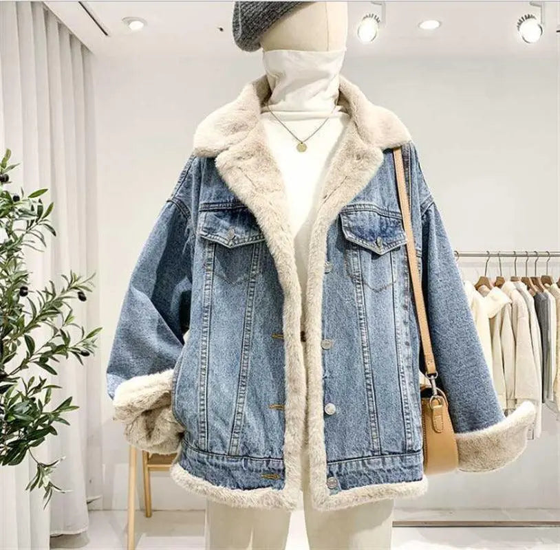 Light blue denim jacket with cream sherpa lining and button front