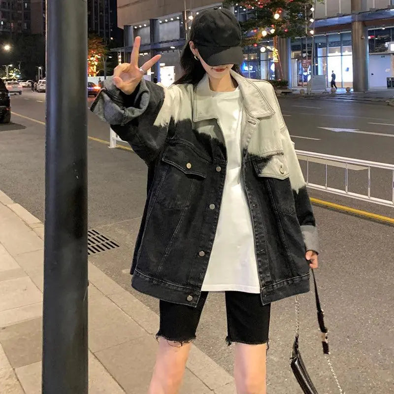 Light-and-dark gradient denim jacket with button front, point collar, flap pockets, long sleeves