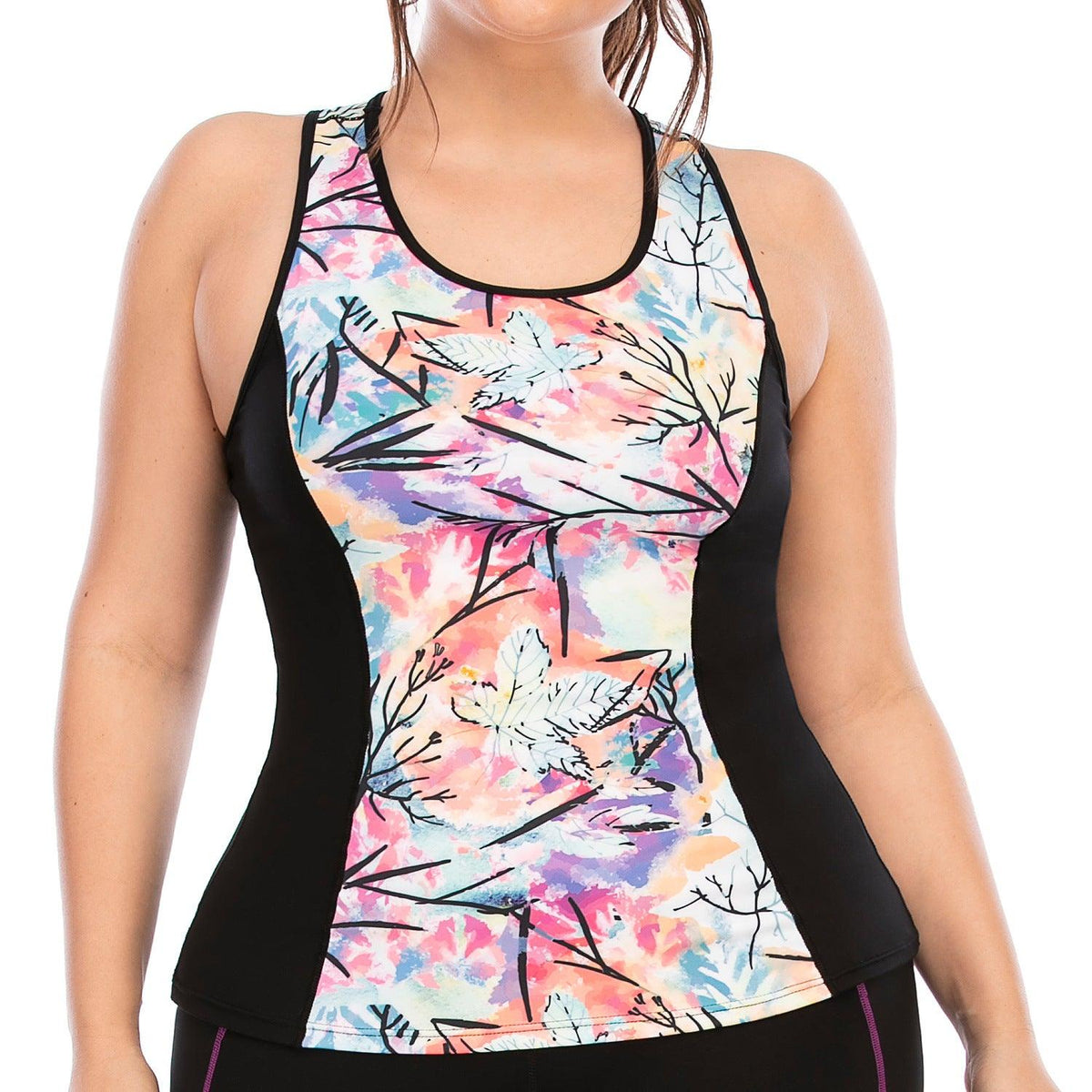 Floral print racerback sports tank with black side panels and round neckline