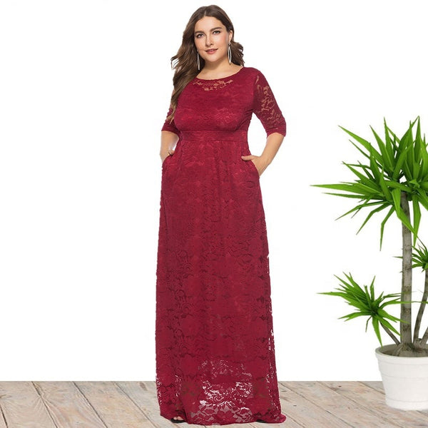 Plus Size Women New Hollow Lace Pocket Dress - WOMONA.COM