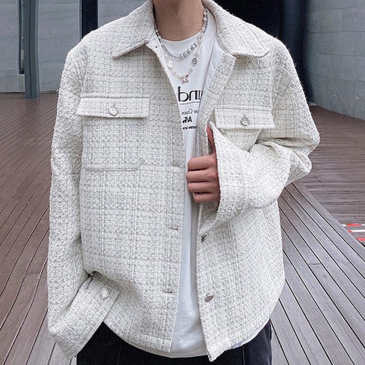 White textured long-sleeve jacket with lapels, button front, two flap chest pockets