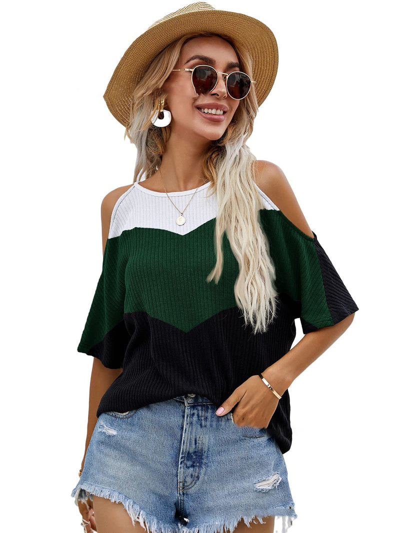 Pullover Panel Multicolor Short Sleeve T-Shirt Women - WOMONA.COM