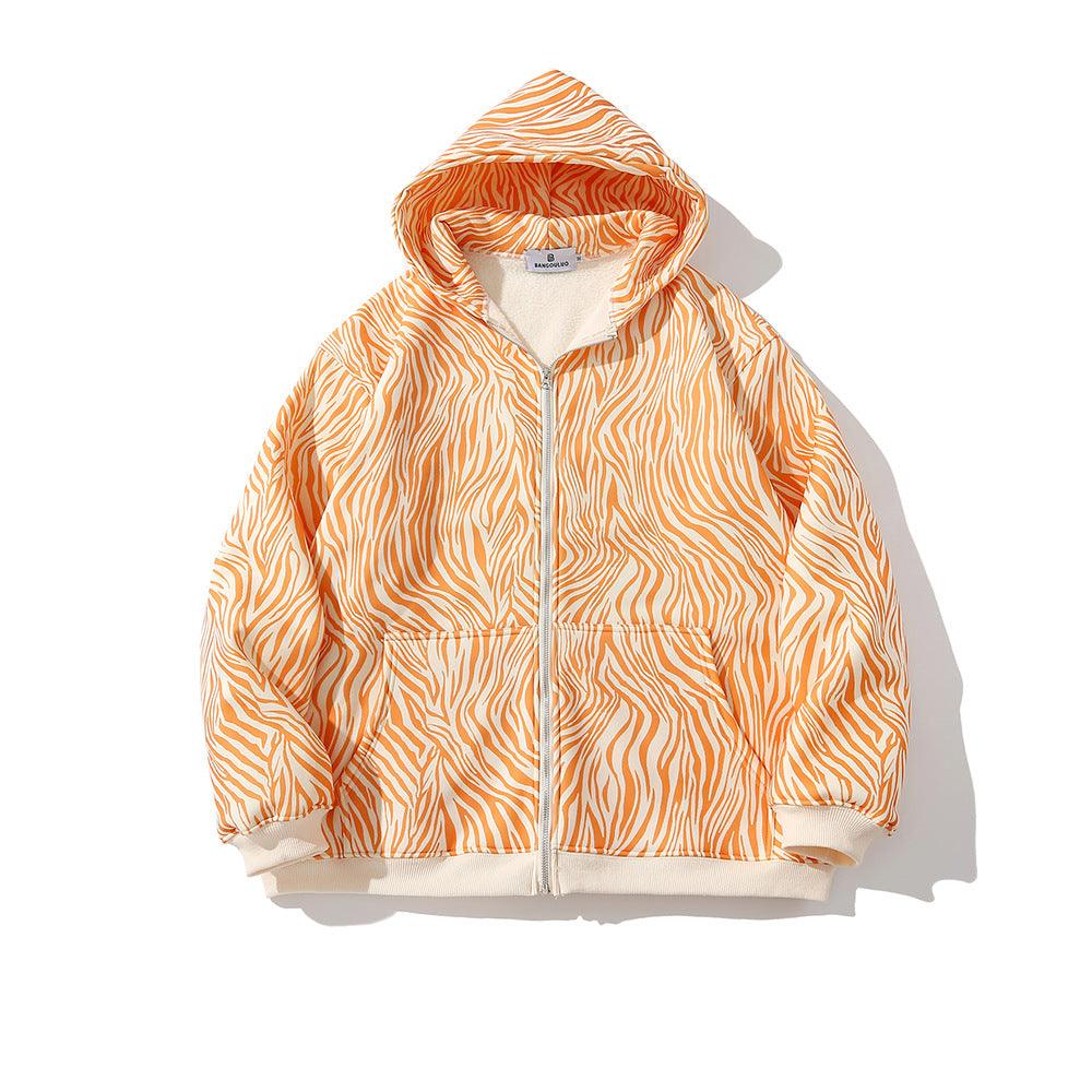 Orange patterned hooded zip sweatshirt with ribbed cuffs and hem