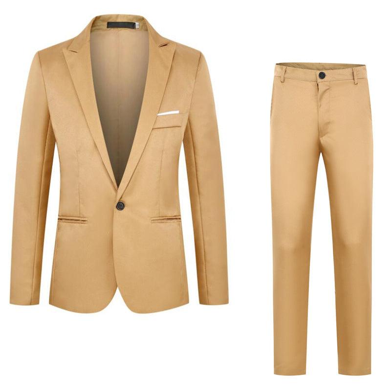 Men's tuxedo suit set, tan khaki blazer with matching khaki trousers.