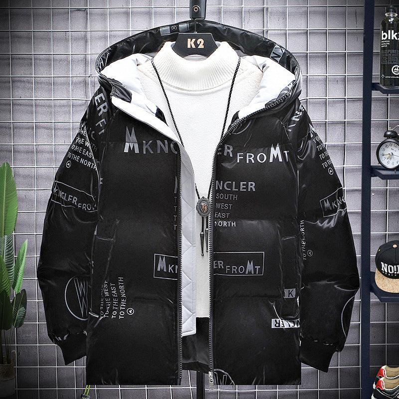 Men's hooded puffer jacket, black with white ribbed collar and full front zipper