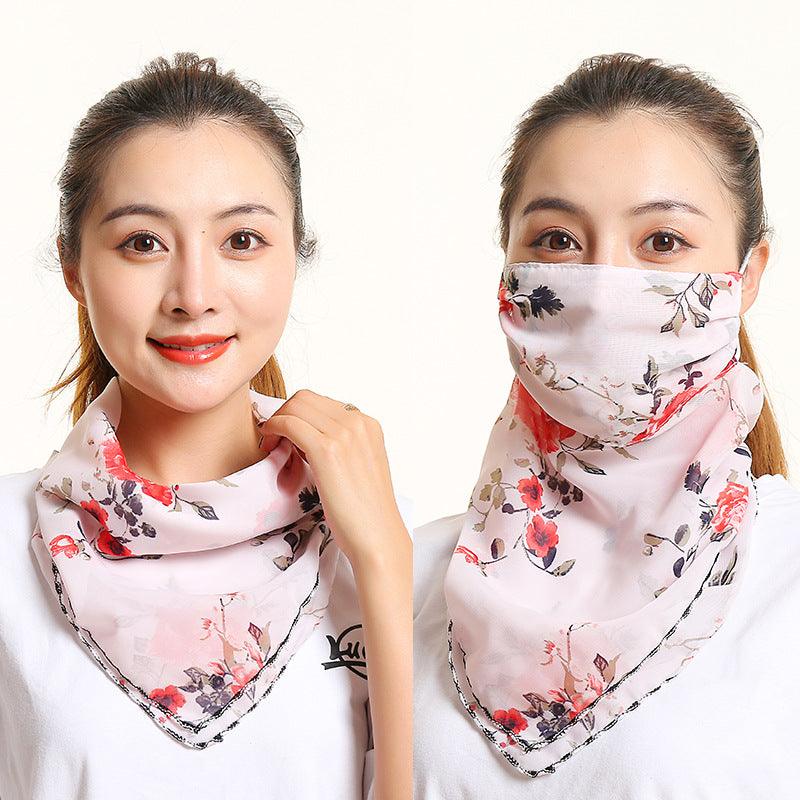 White floral bib scarf with red flower print and matching face covering