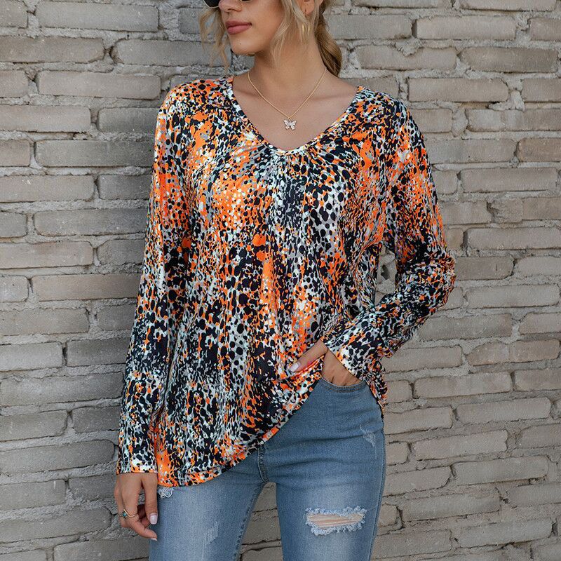 Ladies V-Neck Pleated Print Plus Size T-Shirt Top - WOMONA.COM