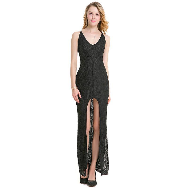 Black lace evening dress with V-neck, sleeveless design, and front slit hem.