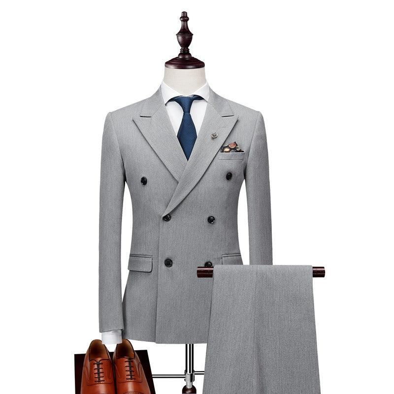 Men's light grey solid suit with vest and blue tie, includes matching trousers