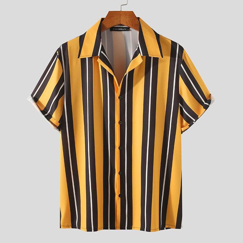 Men's short-sleeve button-up shirt, yellow and black vertical stripe print