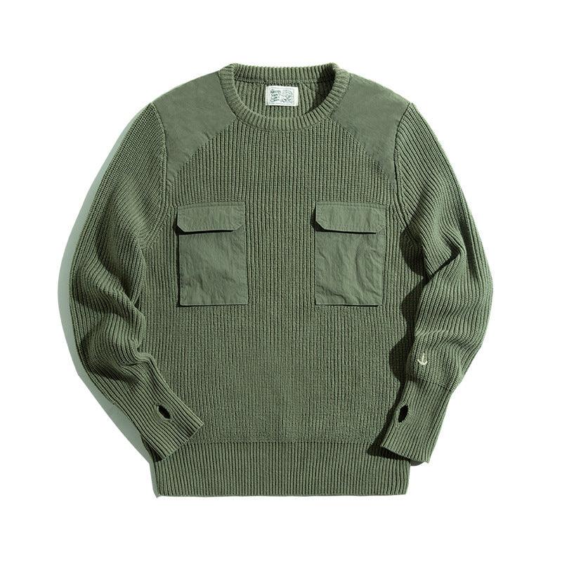 Army green crewneck knit sweater with two chest flap pockets, long sleeves