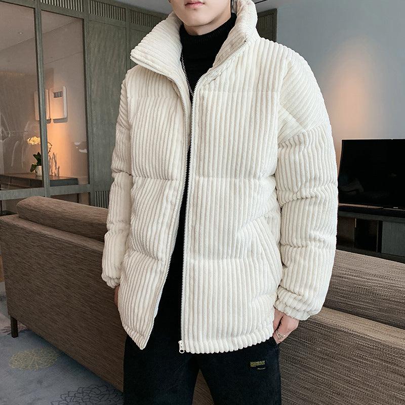 Men's corduroy padded jacket, off-white, full-zip with stand collar