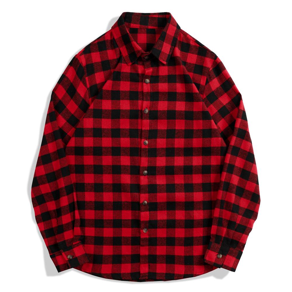Red and black plaid button-up shirt for men, long sleeves, front chest pocket, buttons