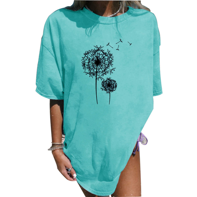 Summer Plus Size Dandelion Printed Mid-length T-shirt - WOMONA.COM