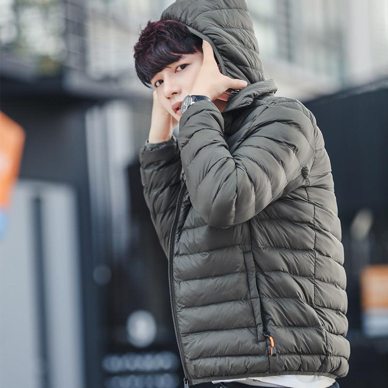 Men's hooded padded jacket in dark gray, full-zip front with quilted baffle panels.