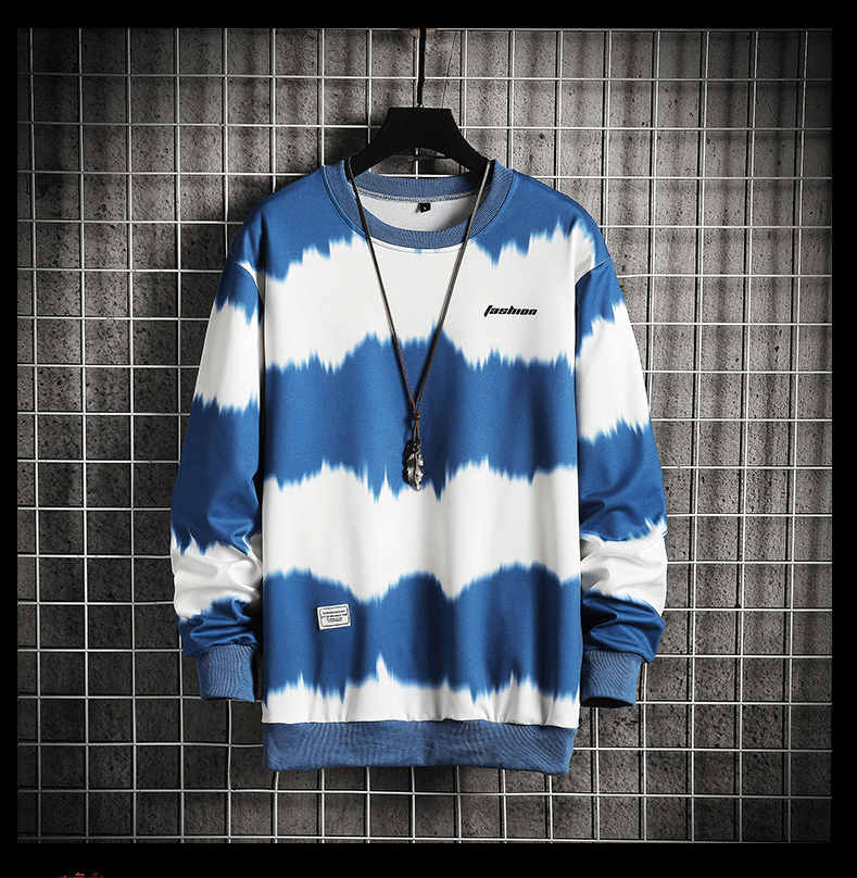 Men's tie-dye sweater, loose fit; white and blue swirl pattern with ribbed crew neck