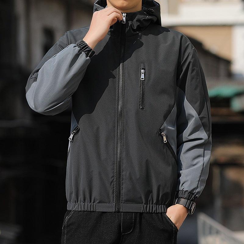 Men's casual jacket in dark gray, zip front with stand collar, hood, side zippers