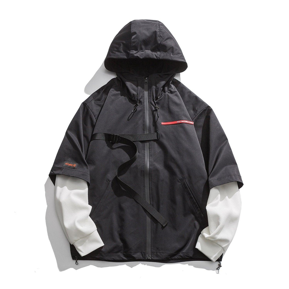 Black hooded zip jacket with adjustable belt strap, drawstring hood, red trim