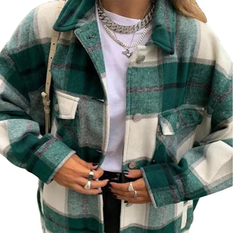 Casual woolen plaid jacket in green and cream, button-front, long sleeves, flap pockets