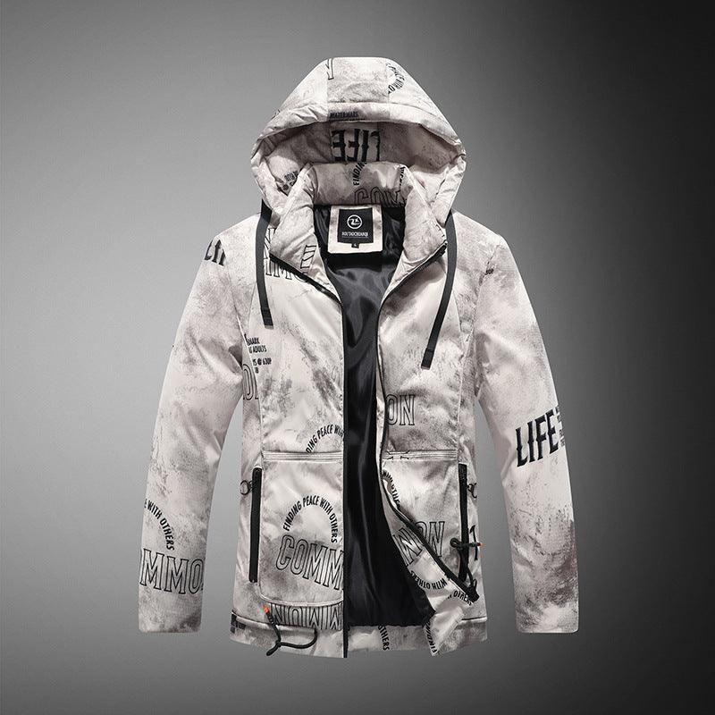 Men's hooded winter jacket in light gray with printed text pattern and front zipper