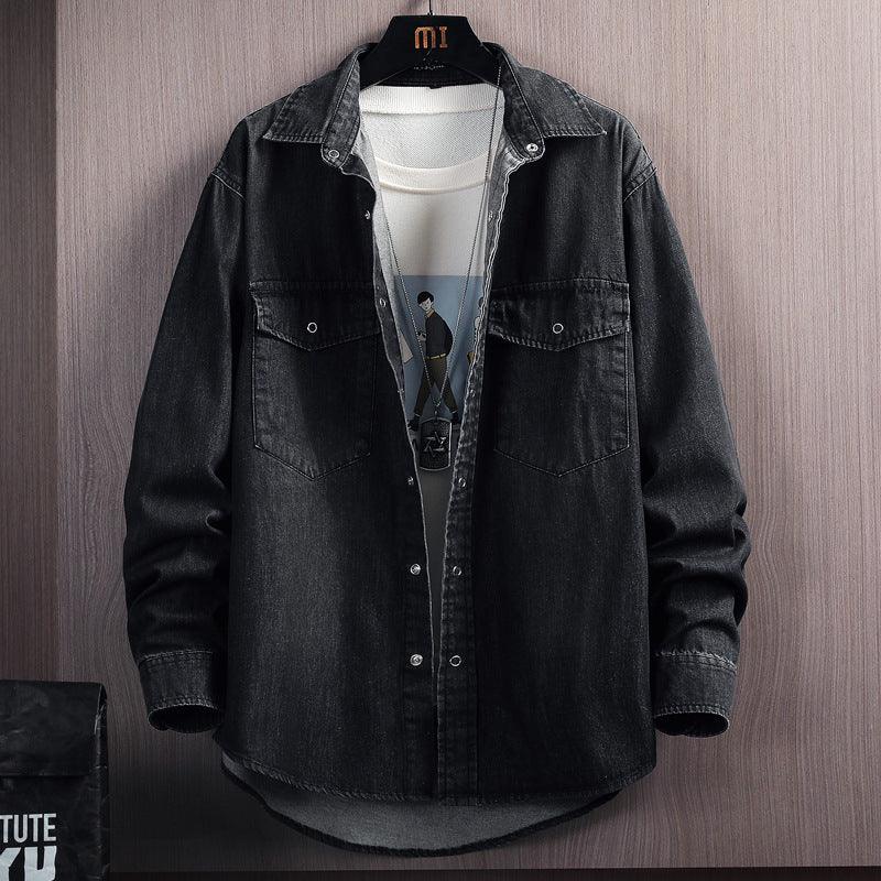 Men's black denim button-up shirt with chest pockets and long sleeves.
