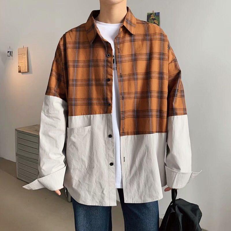 Men's plaid button-up shirt in orange-brown with white contrast panels