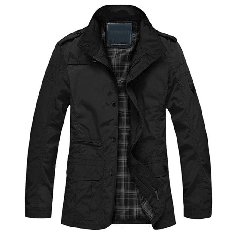 Black stand-up collar jacket with button front, flap pockets, and plaid lining