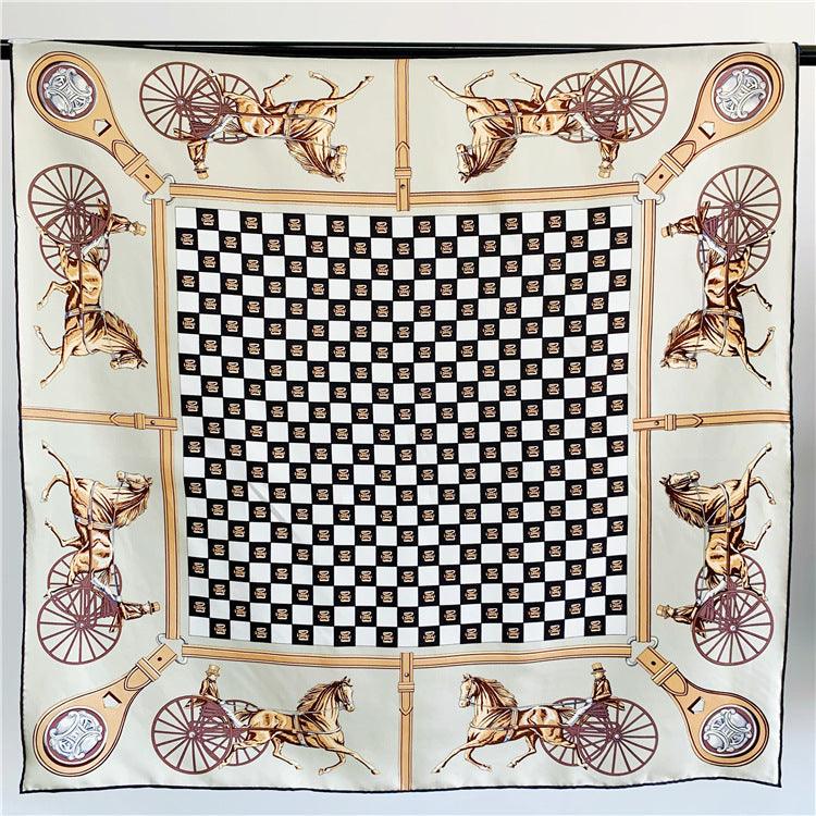 Square scarf shawl with light background, black checker center, gold horse-and-carriage border