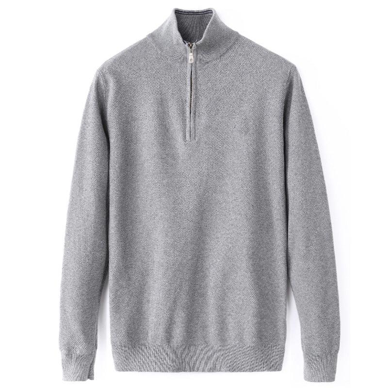 Quarter-zip knit sweater in grey, long sleeves, stand collar