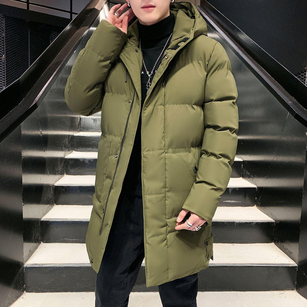 Olive green winter down padded jacket with hood, full-zip front, side pockets