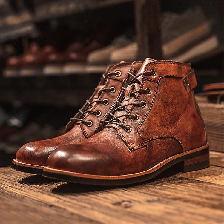 Men's lace-up ankle boots, brown leather look, round toe and lace eyelets