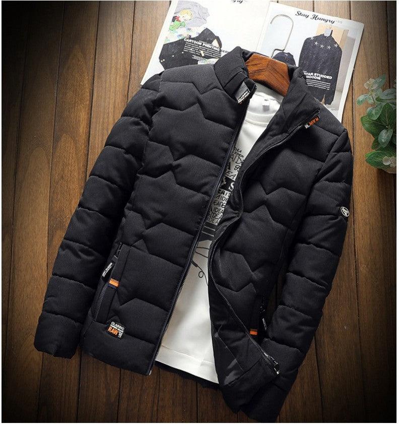 Men's quilted cotton jacket in black with stand collar and front zipper