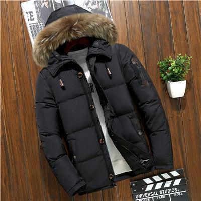 Men's quilted puffer down jacket with faux fur hood trim, black, front zipper