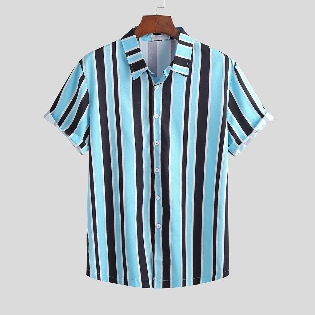 Men's short-sleeve striped button-up shirt in blue with black and white vertical stripes