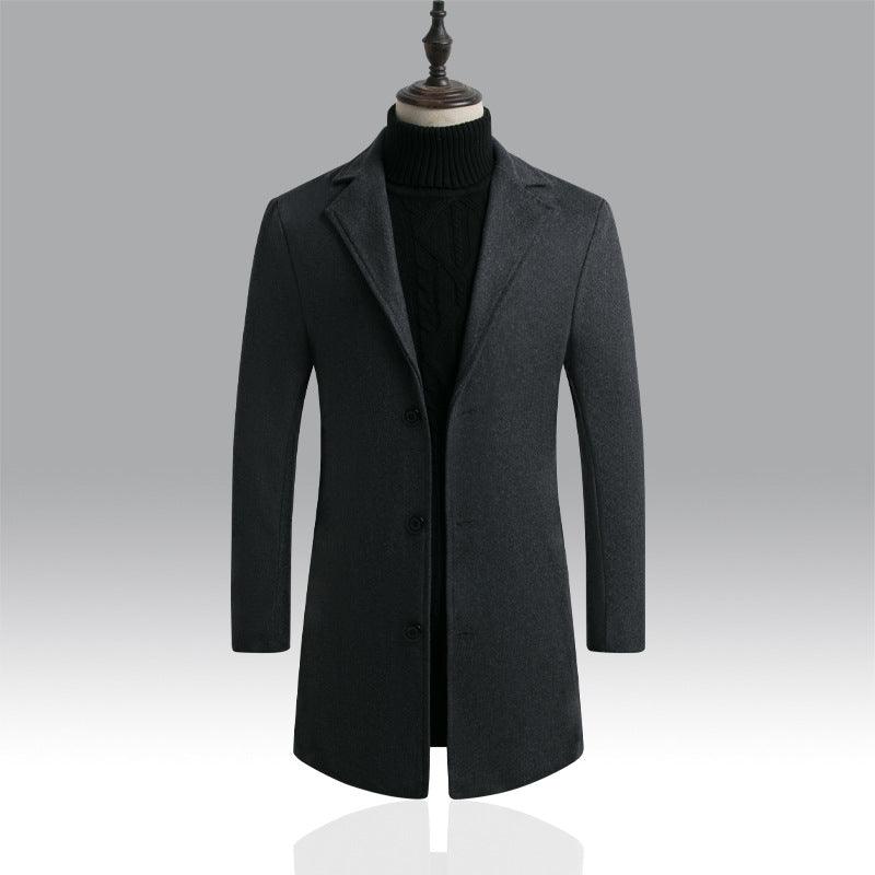 Men's long trench coat in dark black, notched lapels, button front.