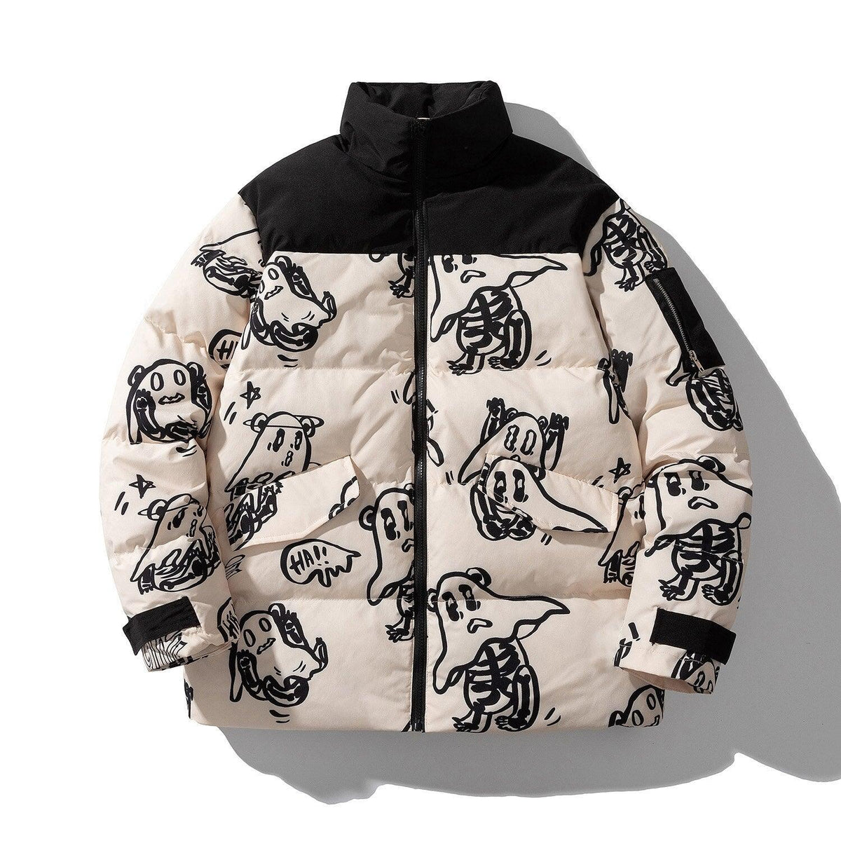 Men’s winter padded jacket front view, cream fabric with black hood and cartoon dog print.