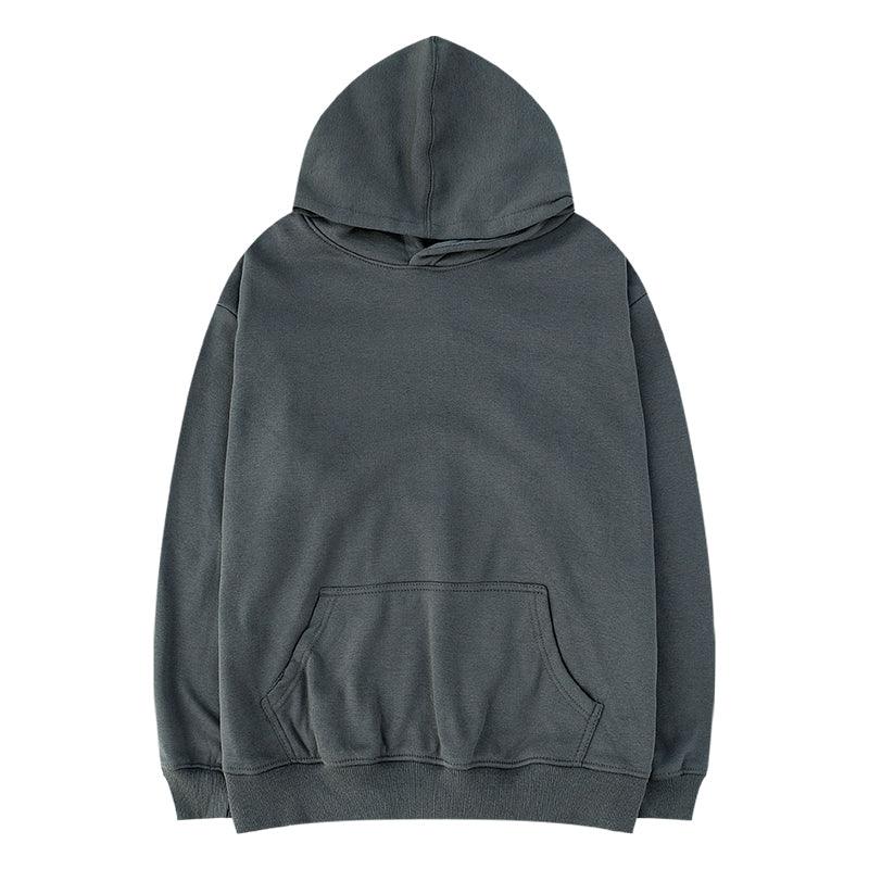 Men's hooded sweatshirt in dark gray with drawstring hood and kangaroo pocket