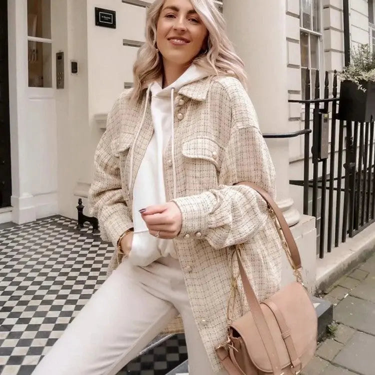 Beige textured patterned coat jacket with hooded sweatshirt-style collar and button front