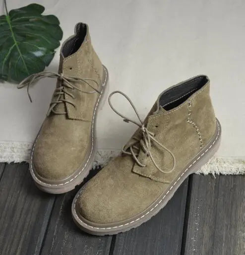 Khaki suede lace-up ankle boots, two-shoe view with rounded toe and lace-up front