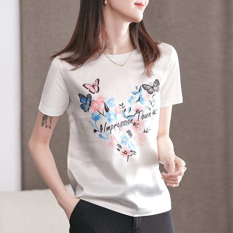 Silk T-shirt Women Short-sleeved Butterfly - WOMONA.COM