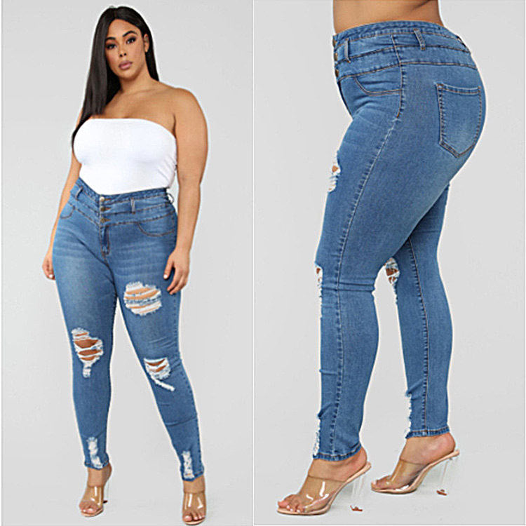 High waist ripped large size fat jeans - WOMONA.COM