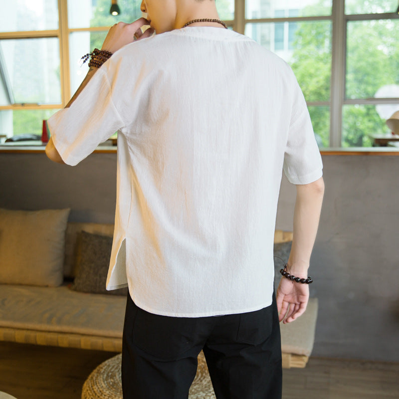 Linen crew neck patch pocket T-shirt men - WOMONA.COM