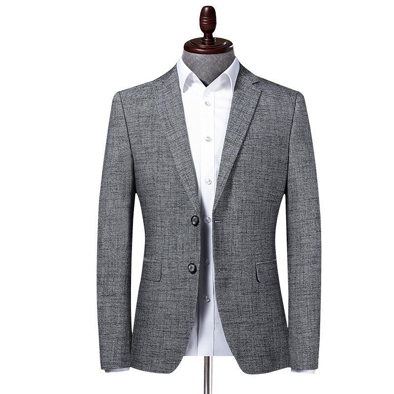 Men's plaid-textured suit jacket, gray, notch lapels, single-breasted buttons