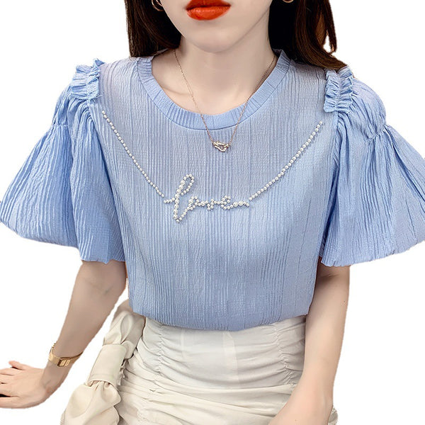 Top Puff Sleeve Solid Color Short-sleeved Shirt - WOMONA.COM