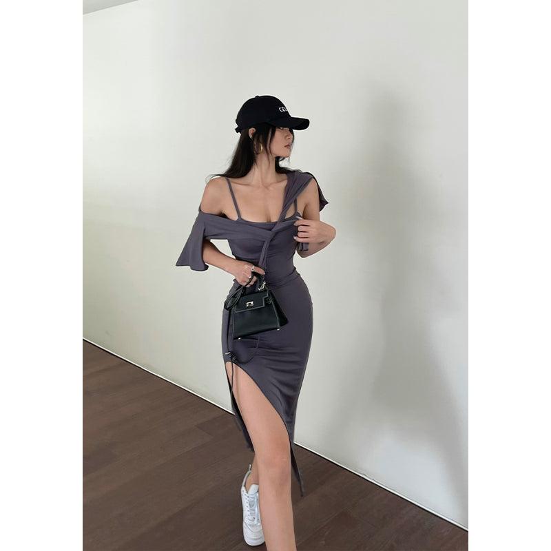 Black Word-neck Suspender Dress - WOMONA.COM