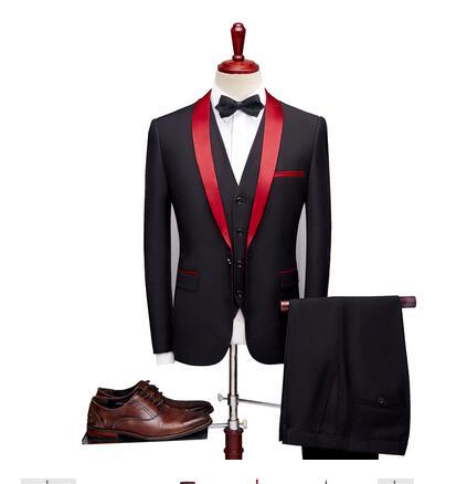 Black men’s 3-piece suit with red piping, bow tie, waistcoat, blazer and trousers
