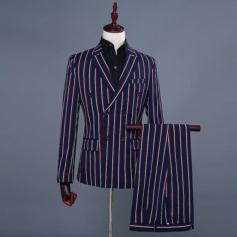 Youth slim three-piece suit set with navy pinstripes, matching vest and trousers.
